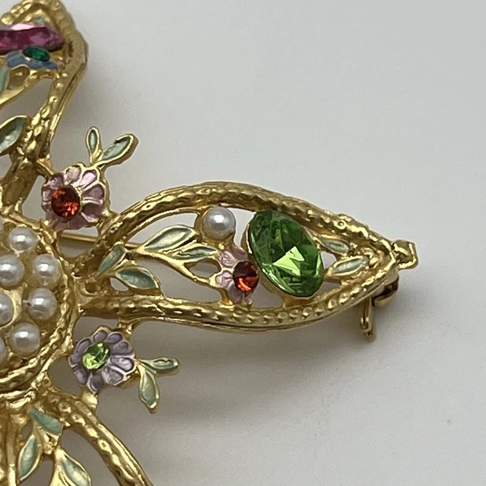 Vintage Rhinestone Pearl Brooch Signed Tiara Misu IV Pastel‎ Flower Gold Toned